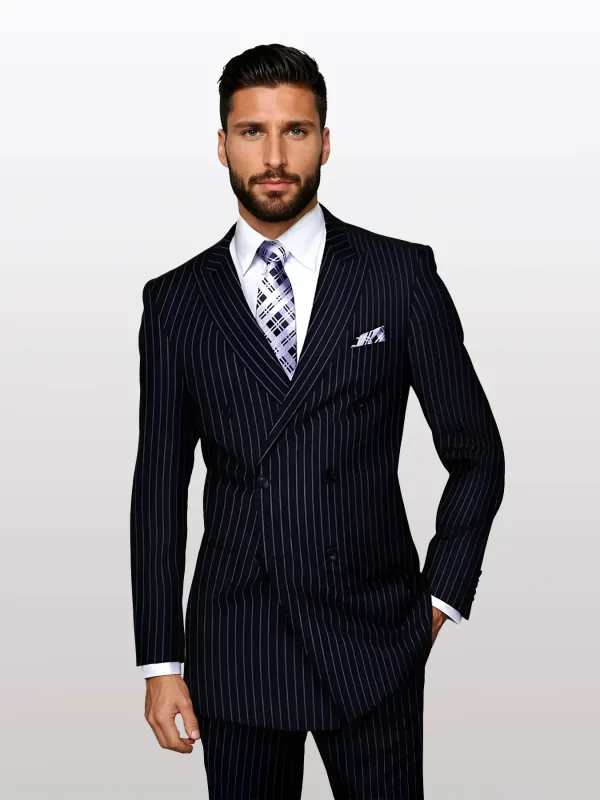 Statement Men's Navy Pin Stripe Double Breasted Suits sold by Alberto Nardoni