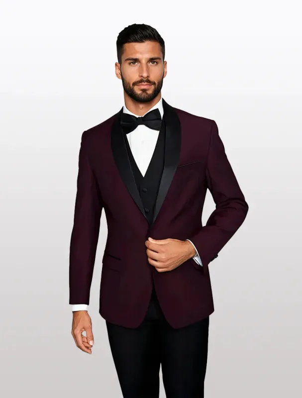 Statement Men's Burgundy with Black Lapel Vested 100% Wool Tuxedos sold by Alberto Nardoni