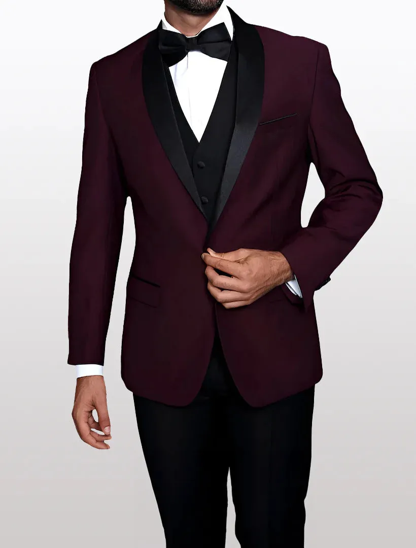 Statement Men's Burgundy with Black Lapel Vested 100% Wool Tuxedos sold by Alberto Nardoni product image thumbnail 2