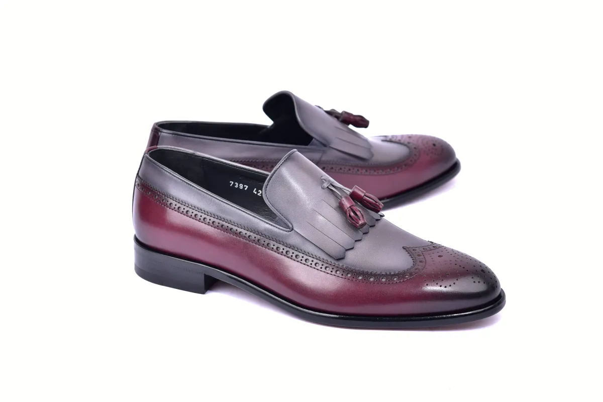 C00018-7397 Wing tip Kiltie Tassel Loafer-Burgundy/Grey sold by Alberto Nardoni