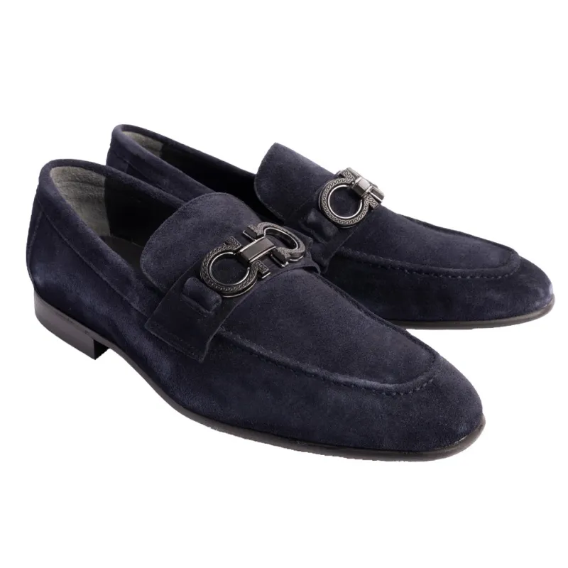 P00073 Chello- Buckle Loafer- Navy suede sold by Alberto Nardoni