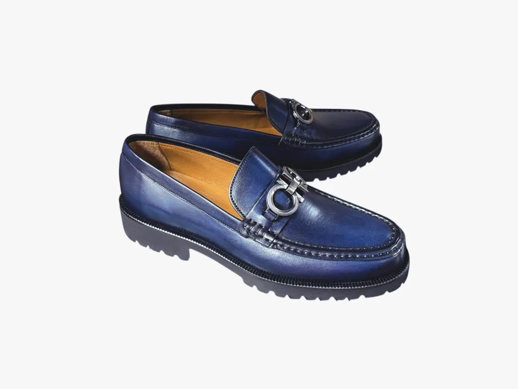 P042 Newport- Navy Buckle Loafer sold by Alberto Nardoni