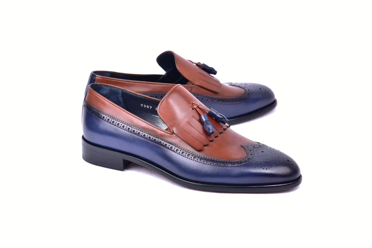 C00019-7397 Wing tip Kiltie Tassel Loafer-Navy/Tan sold by Alberto Nardoni