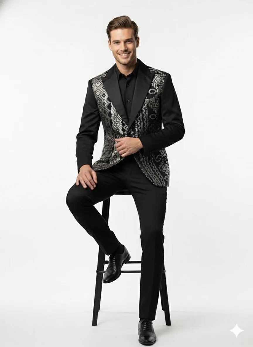 Mens Black and White and Silver Sequin Embroidered Blazer - Luxury Designer Party Wear with Geometric Detailing sold by Alberto Nardoni product image thumbnail 5