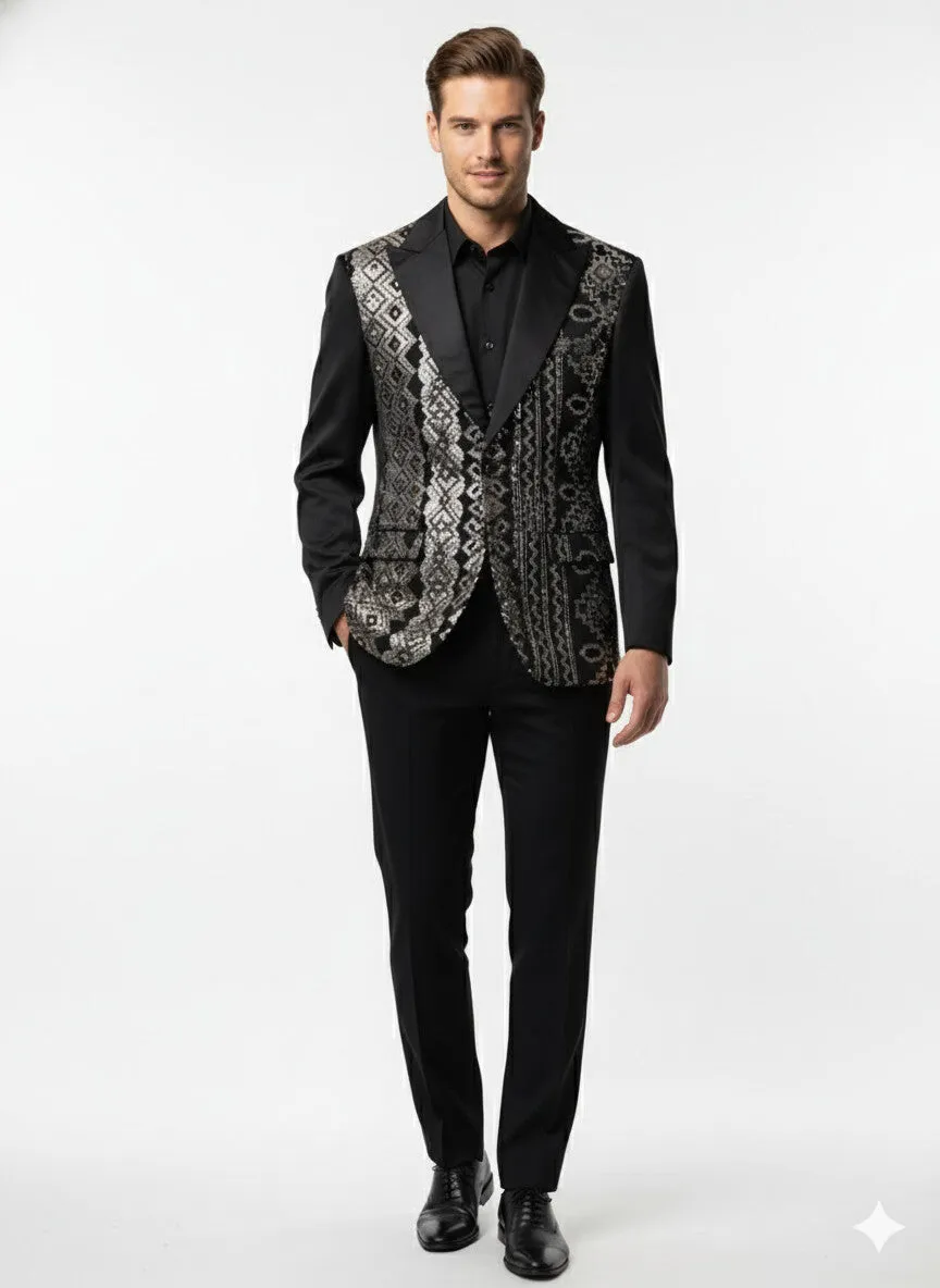 Mens Black and White and Silver Sequin Embroidered Blazer - Luxury Designer Party Wear with Geometric Detailing sold by Alberto Nardoni product image thumbnail 4