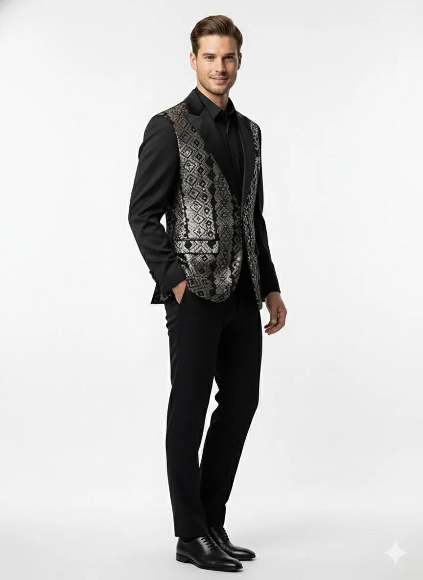 Mens Black and White and Silver Sequin Embroidered Blazer - Luxury Designer Party Wear with Geometric Detailing sold by Alberto Nardoni product image thumbnail 3