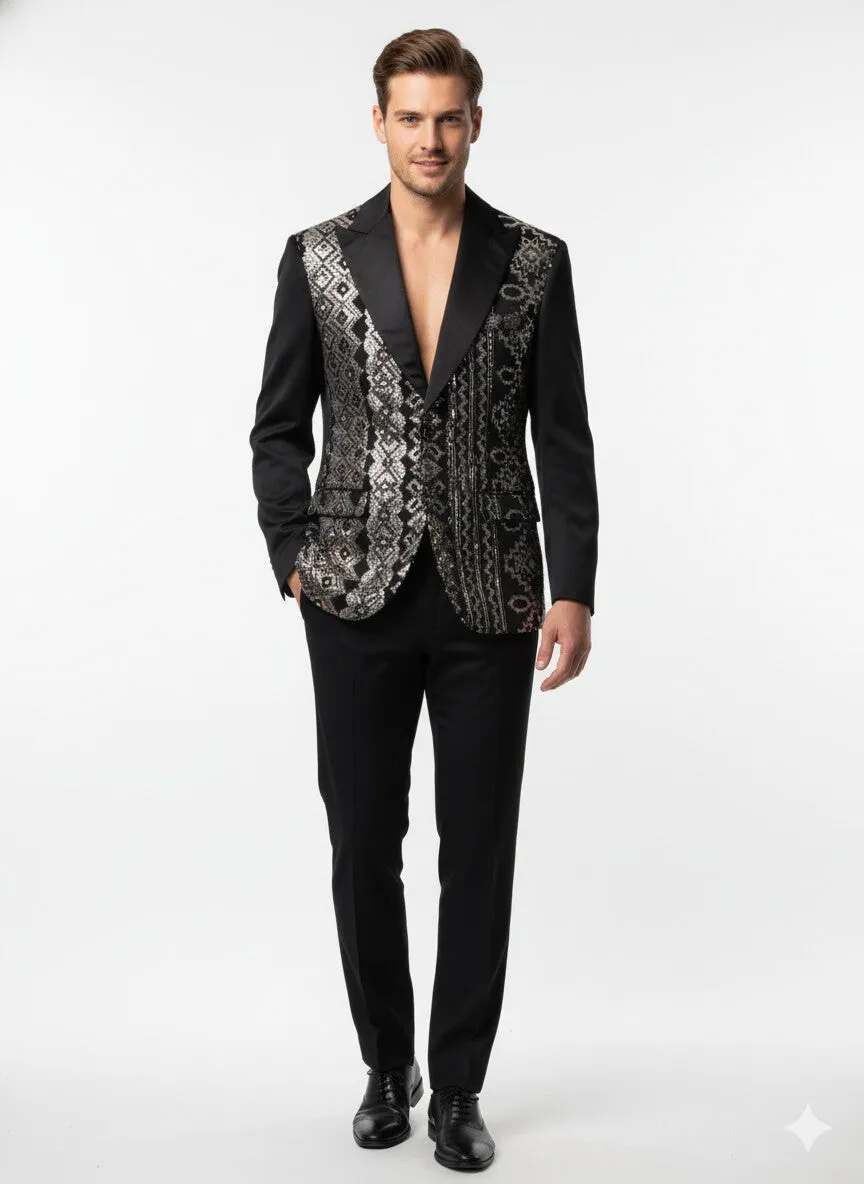 Mens Black and White and Silver Sequin Embroidered Blazer - Luxury Designer Party Wear with Geometric Detailing sold by Alberto Nardoni