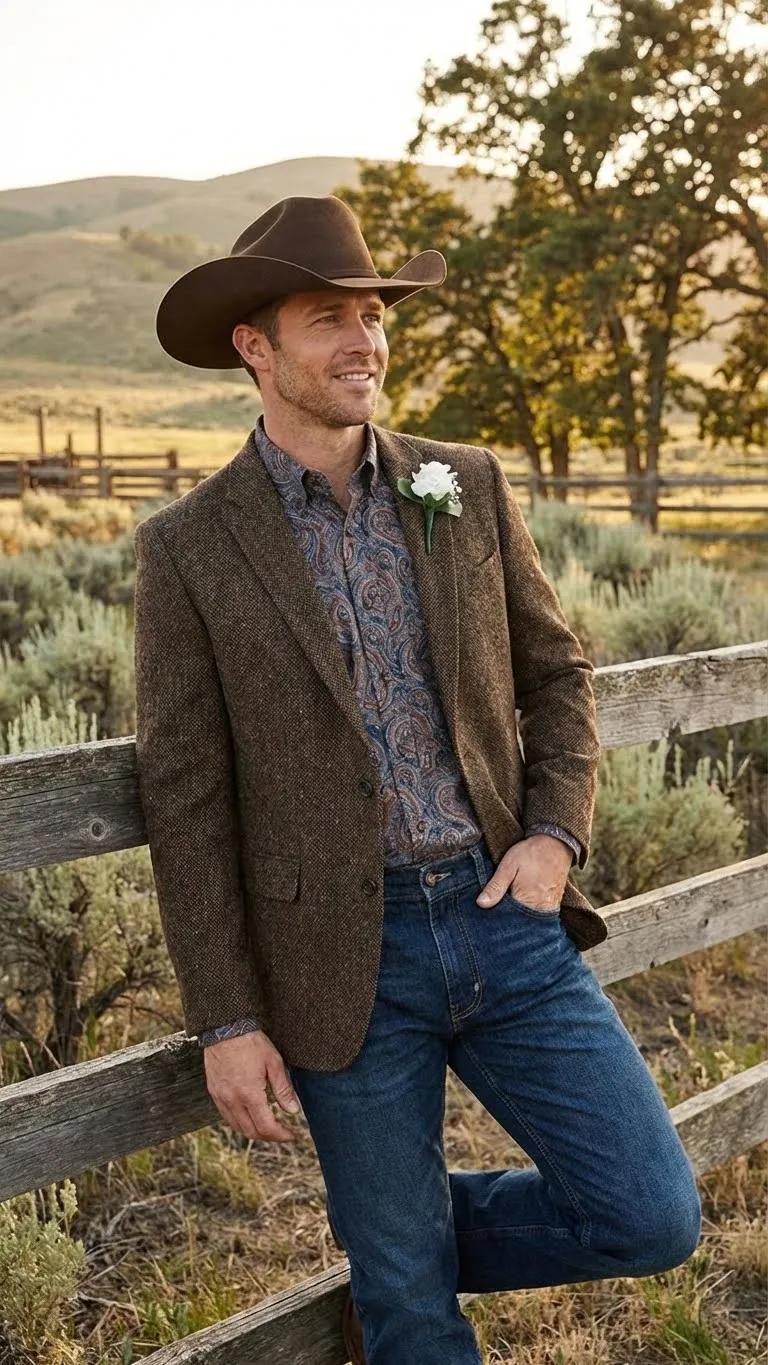 Mens Brown Western Tweed Herringbone Blazer Jacket Classic Cowboy Style Sport Coat for Wedding Party sold by Alberto Nardoni