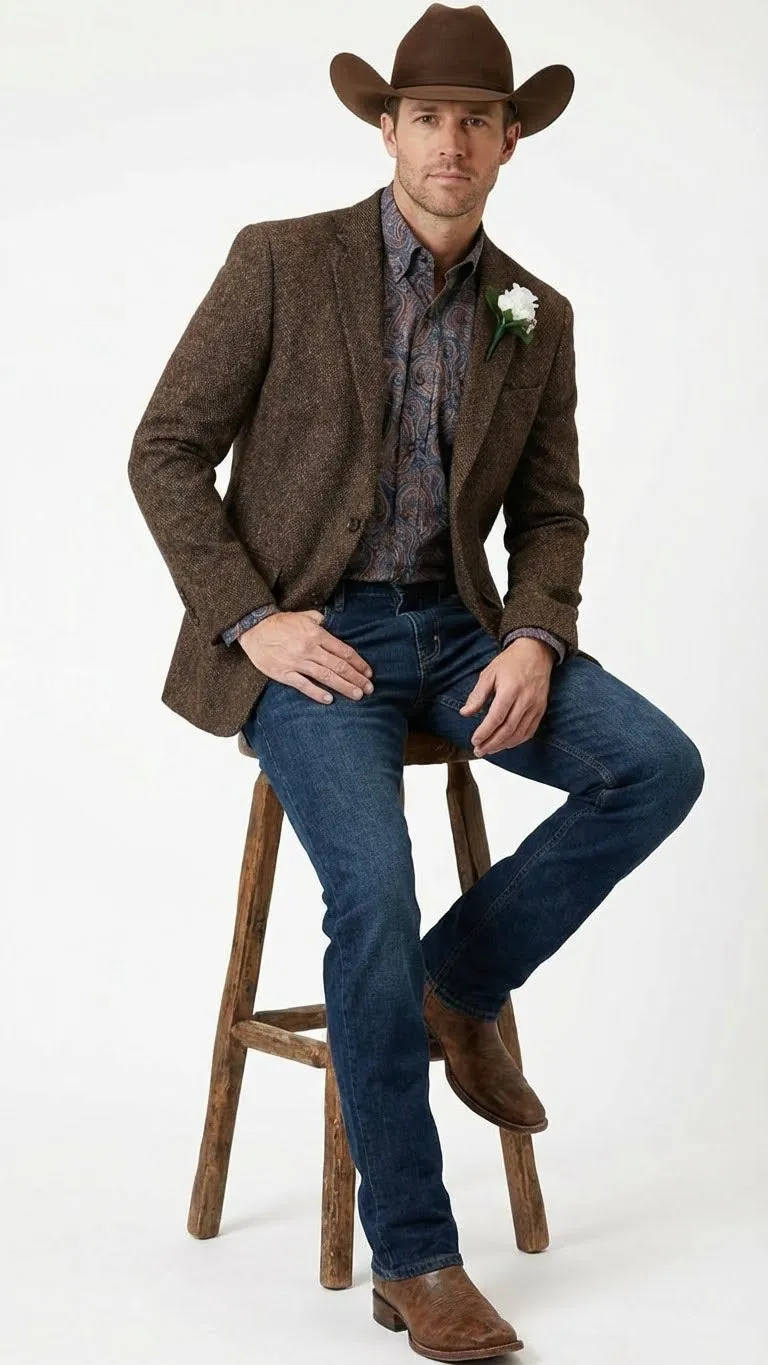 Mens Brown Western Tweed Herringbone Blazer Jacket Classic Cowboy Style Sport Coat for Wedding Party sold by Alberto Nardoni product image thumbnail 2