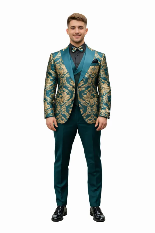 Green and Gold Paisley Floral Wedding Tuxedo Suit with Matching Vest made by Alberto Nardoni