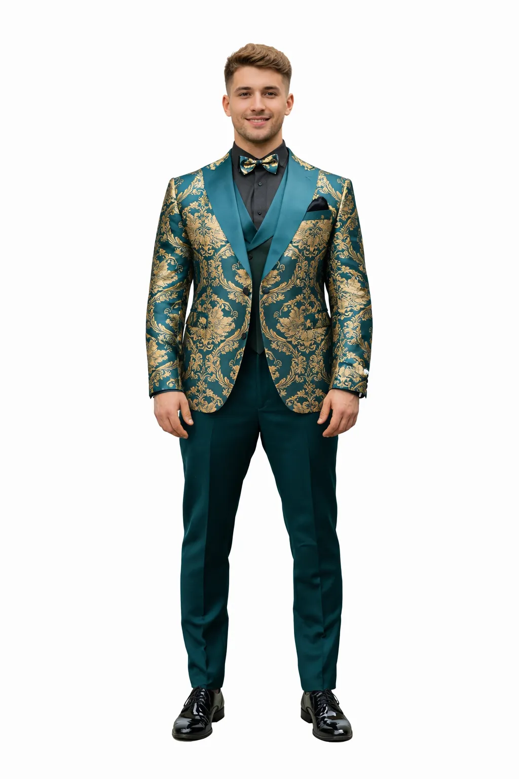 Green and Gold Paisley Floral Wedding Tuxedo Suit with Matching Vest sold by Alberto Nardoni