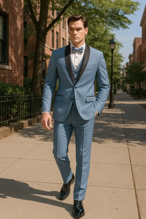 Dusty Blue Suit Color Tuxedo Shawl Collar Vested 3PC Mens Suit Slim Fit Jacket + Pants + Vest sold by Alberto Nardoni product image thumbnail 5