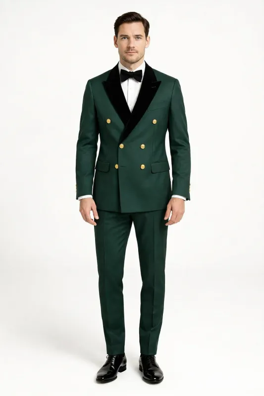 Mens Green and Gold Double-Breasted Wedding Tuxedo with Velvet Lapel made by Alberto Nardoni