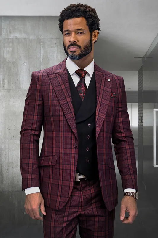 Men's Designer Vested Wide Peak Lapel Houndstooth Plaid Suit in Burgundy sold by Alberto Nardoni