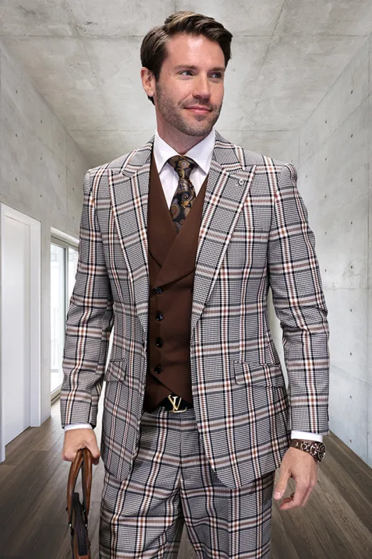 Men's Designer Vested Wide Peak Lapel Houndstooth Plaid Suit in Tan made by Alberto Nardoni