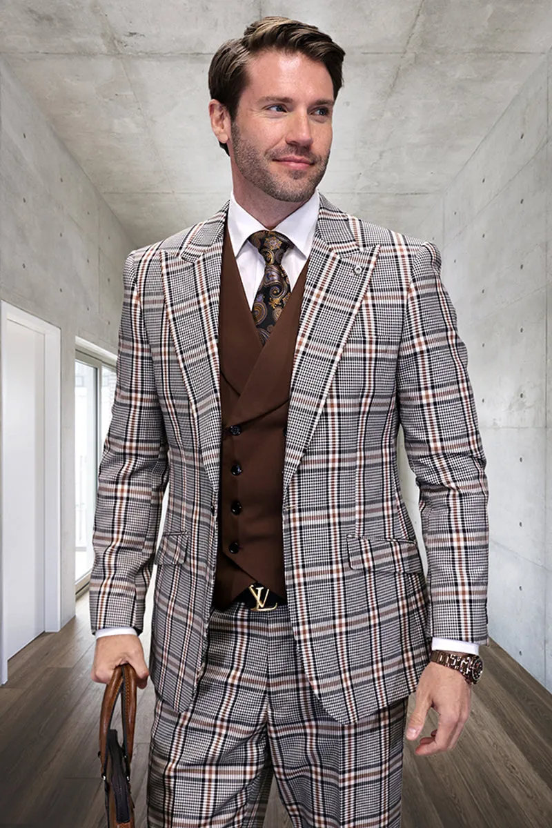 Men's Designer Vested Wide Peak Lapel Houndstooth Plaid Suit in Tan sold by Alberto Nardoni