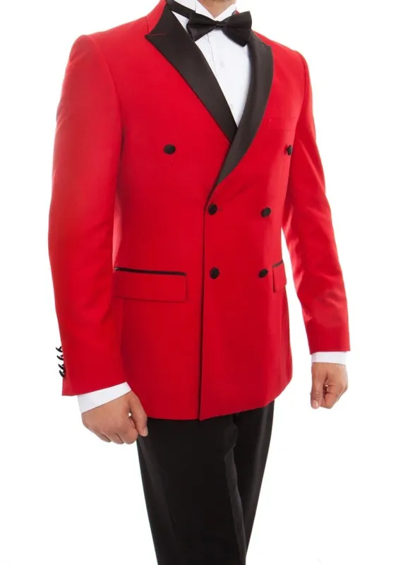 Double Breasted Slim Fit Tuxedo Red with Black Satin Peak Lapel made by Alberto Nardoni