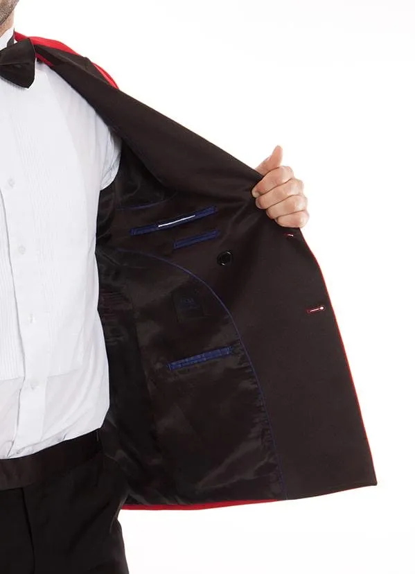Double Breasted Slim Fit Tuxedo Red with Black Satin Peak Lapel sold by Alberto Nardoni product image thumbnail 3