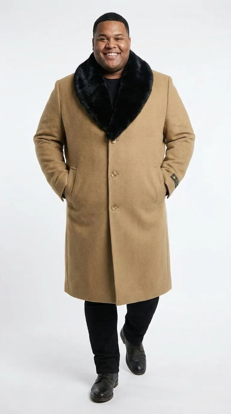Mens Camel Tan Long Overcoat with Black Faux Fur Collar - Wool Topcoat Three if not Full length sold by Alberto Nardoni product image thumbnail 3