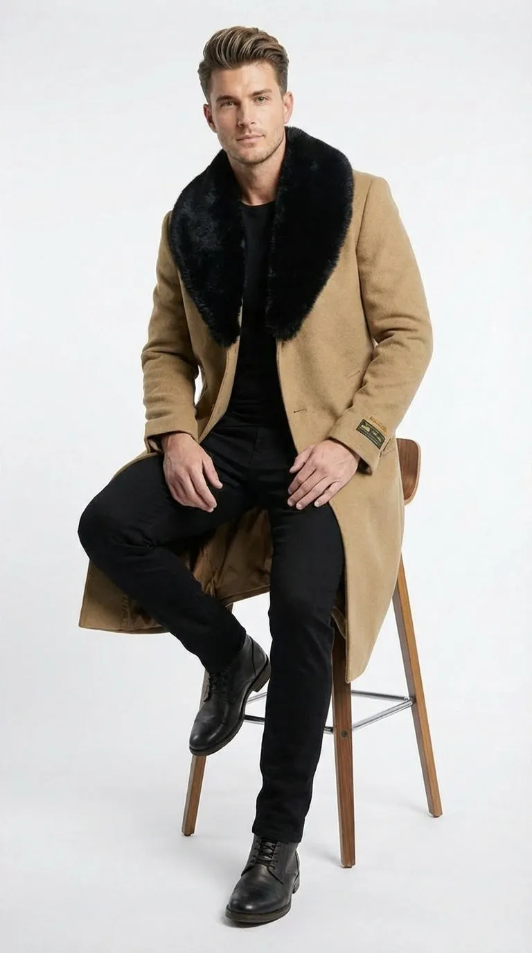 Mens Camel Tan Long Overcoat with Black Faux Fur Collar - Wool Topcoat Three if not Full length sold by Alberto Nardoni