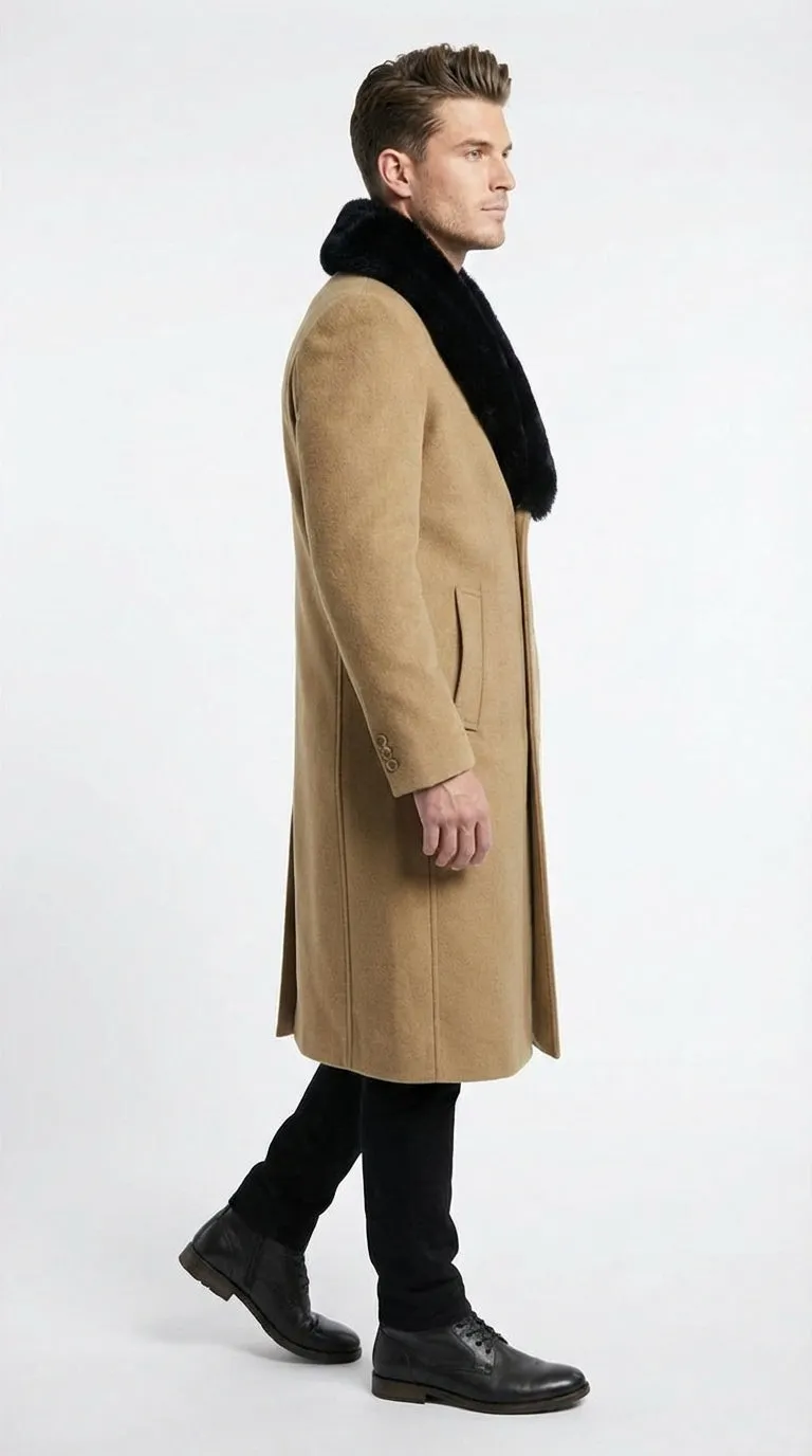 Mens Camel Tan Long Overcoat with Black Faux Fur Collar - Wool Topcoat Three if not Full length sold by Alberto Nardoni product image thumbnail 2