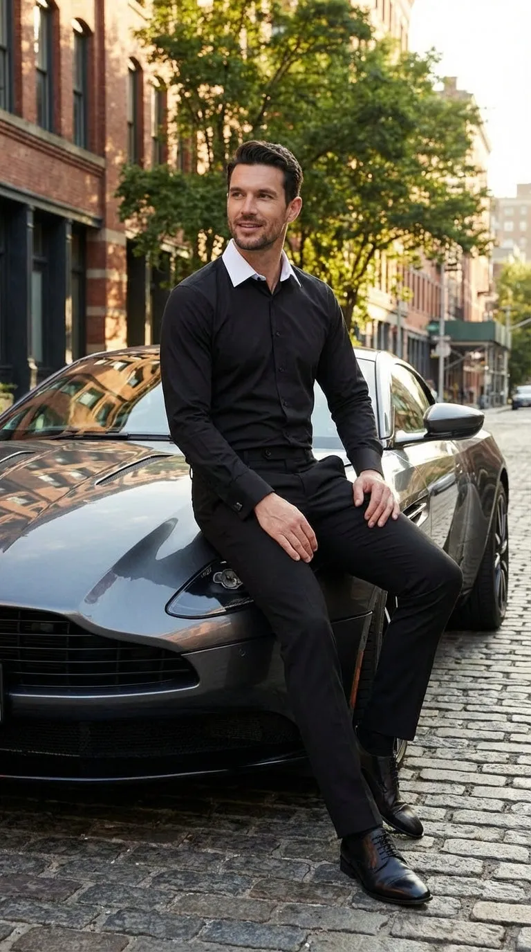 Mens Black Dress Shirt with White Contrast Collar | French Cuff Cotton Poplin Formal Button-Up Shirt sold by Alberto Nardoni product image thumbnail 4