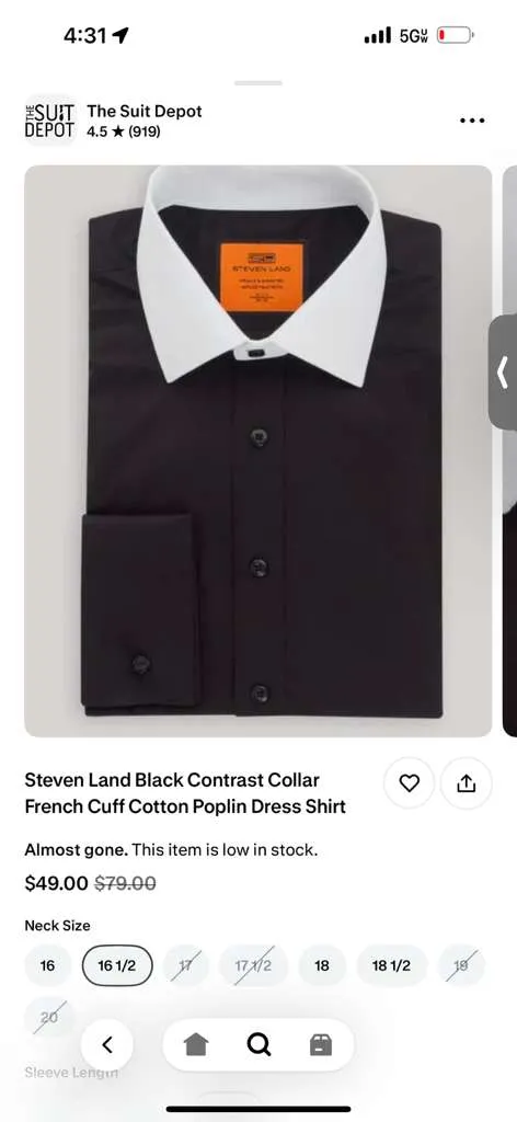 Mens Black Dress Shirt with White Contrast Collar | French Cuff Cotton Poplin Formal Button-Up Shirt sold by Alberto Nardoni product image thumbnail 2