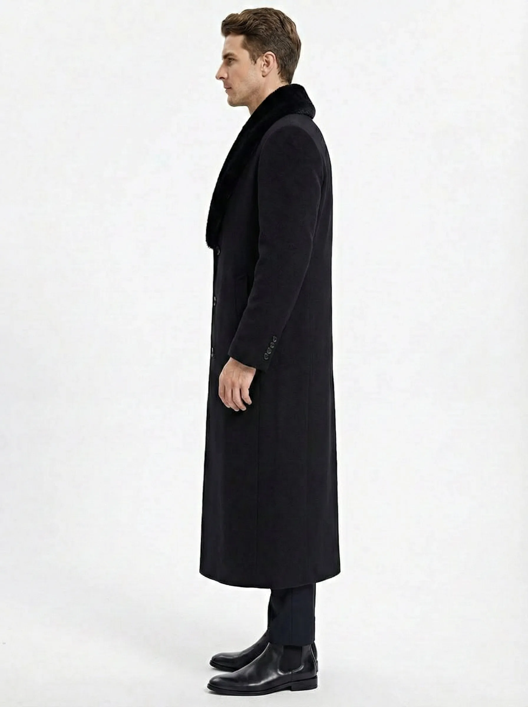 Men’s Black Long Overcoat with Faux Fur Collar, Full Length Winter Topcoat for Formal and Business Wear sold by Alberto Nardoni product image thumbnail 3