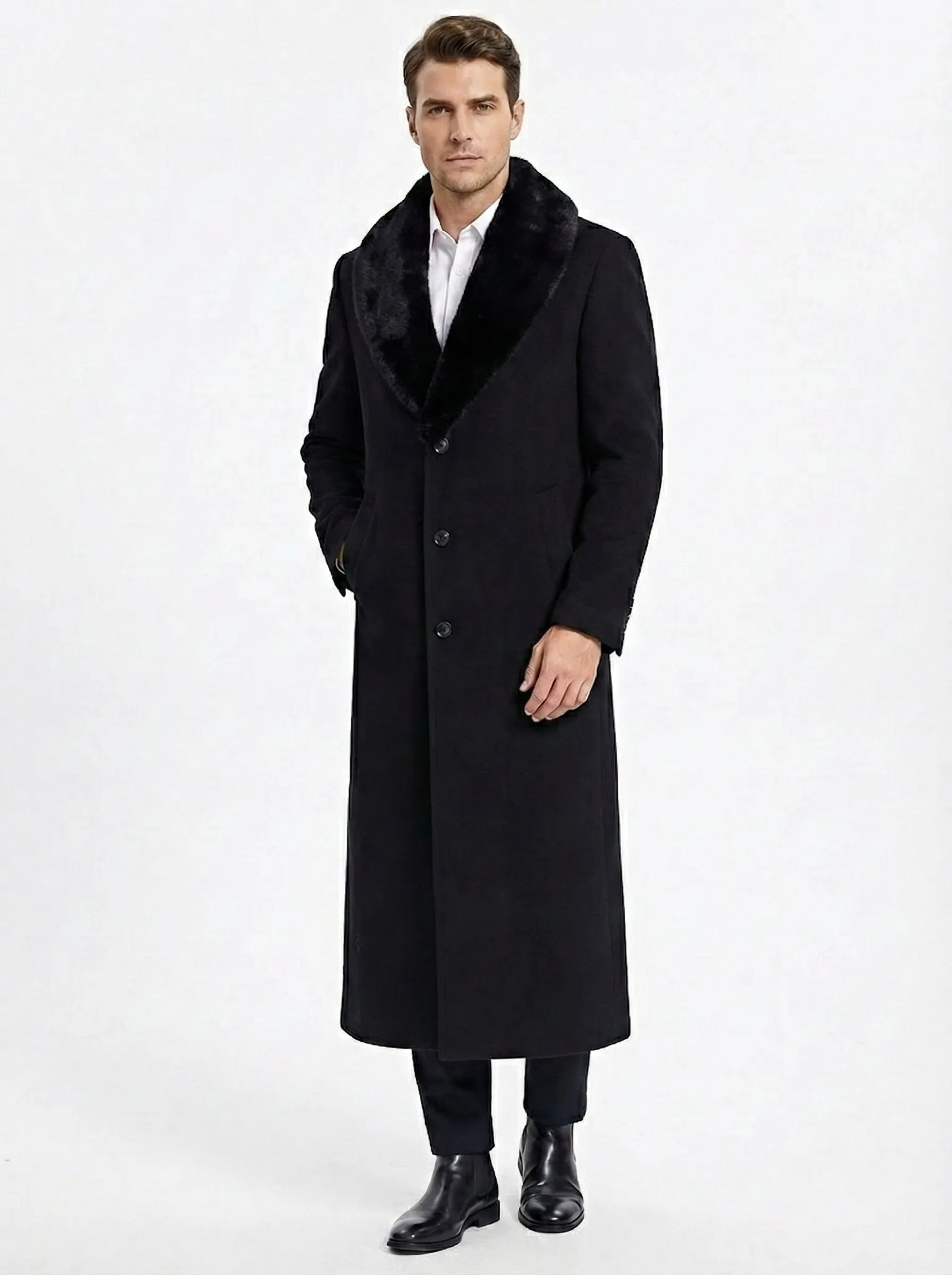 Men’s Black Long Overcoat with Faux Fur Collar, Full Length Winter Topcoat for Formal and Business Wear sold by Alberto Nardoni