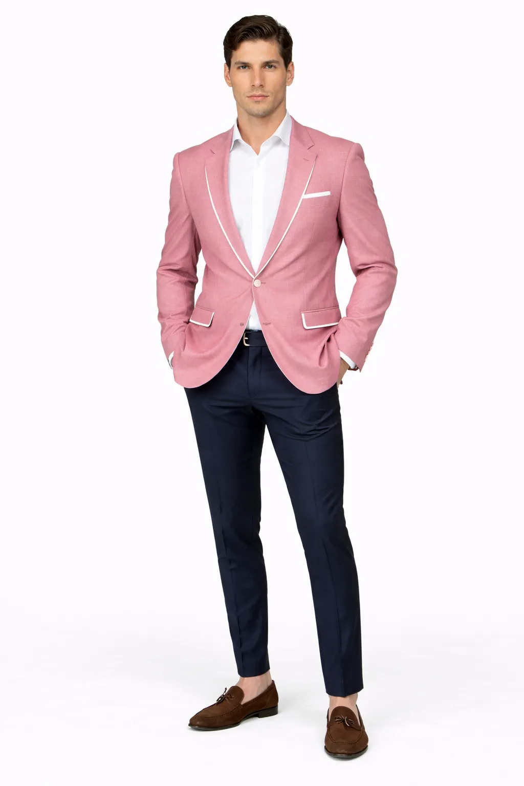 Mens White Pink Tuxedo One Button Summer Blazer with Trim sold by Alberto Nardoni