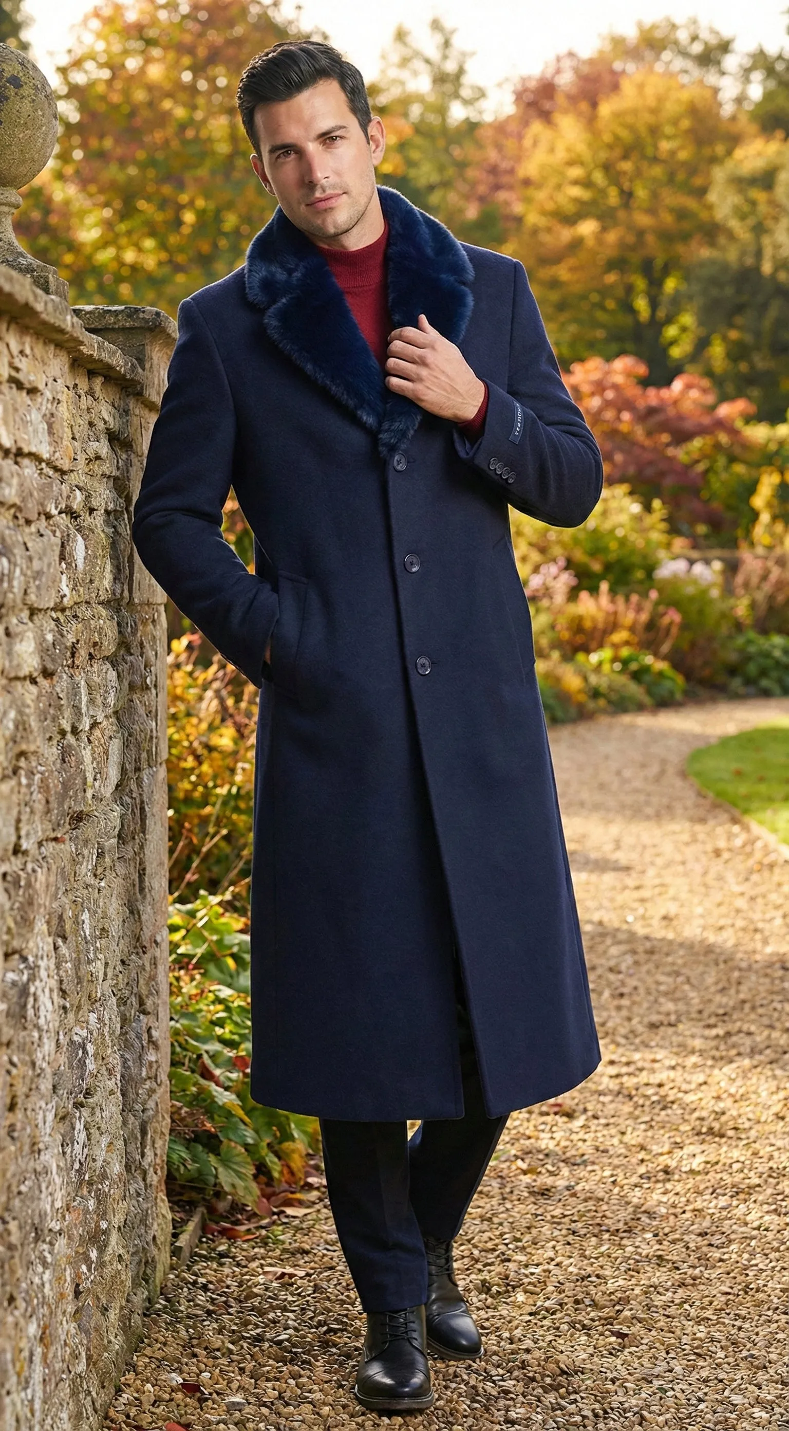 Mens Dark Navy Blue Long Overcoat with Faux Fur Collar, Classic Winter Dress Coat for Formal sold by Alberto Nardoni product image thumbnail 5