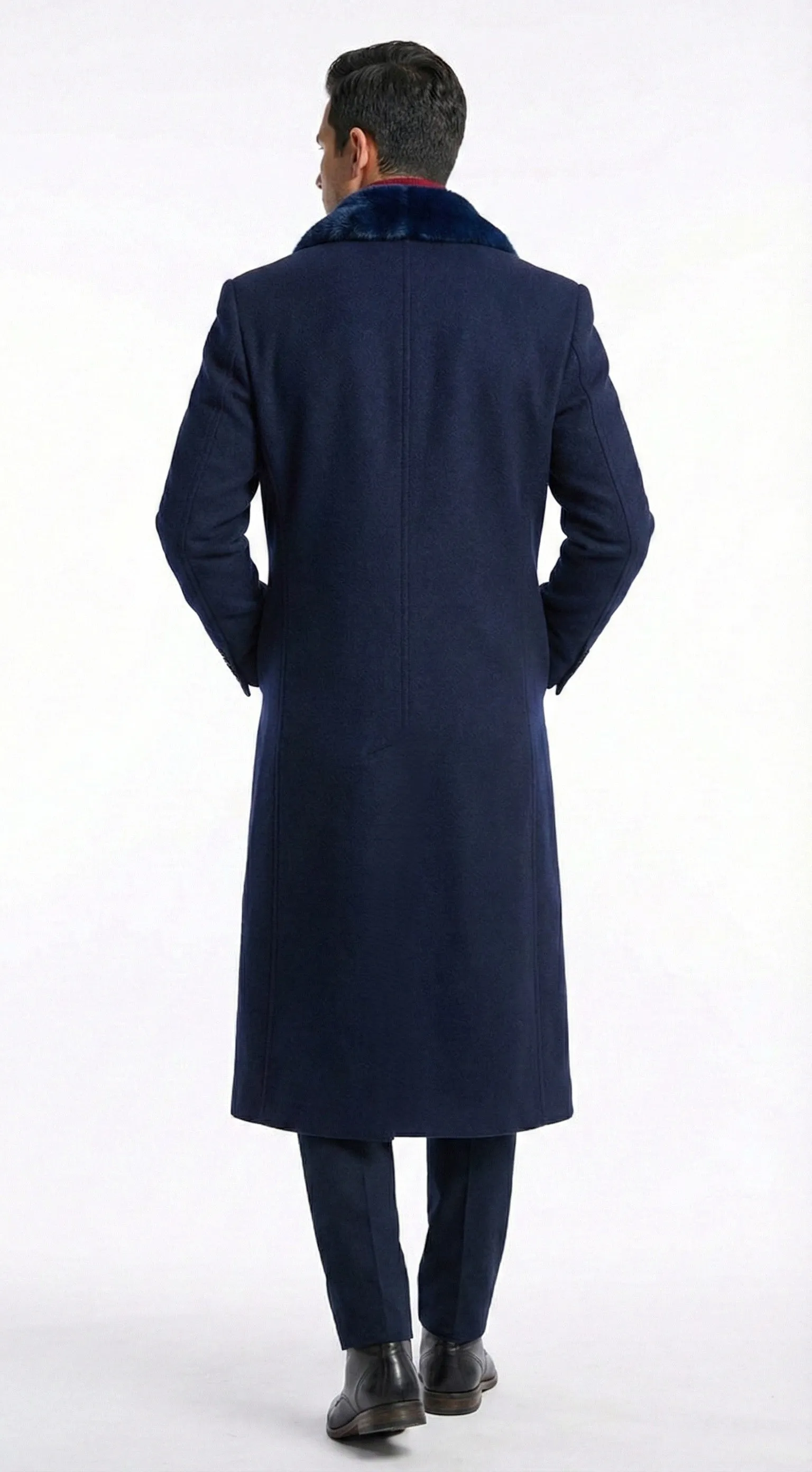 Mens Dark Navy Blue Long Overcoat with Faux Fur Collar, Classic Winter Dress Coat for Formal sold by Alberto Nardoni product image thumbnail 2