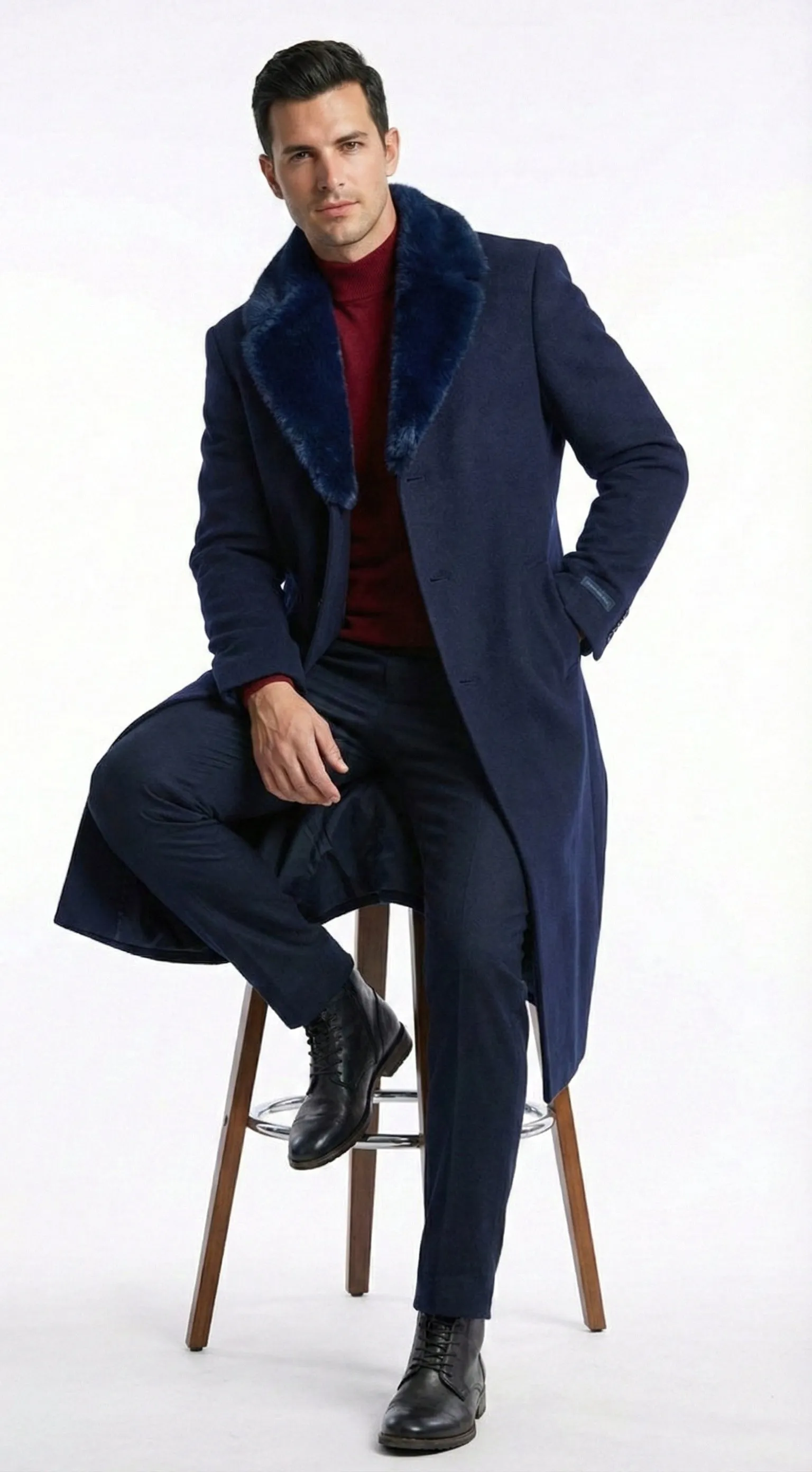 Mens Dark Navy Blue Long Overcoat with Faux Fur Collar, Classic Winter Dress Coat for Formal sold by Alberto Nardoni product image thumbnail 4