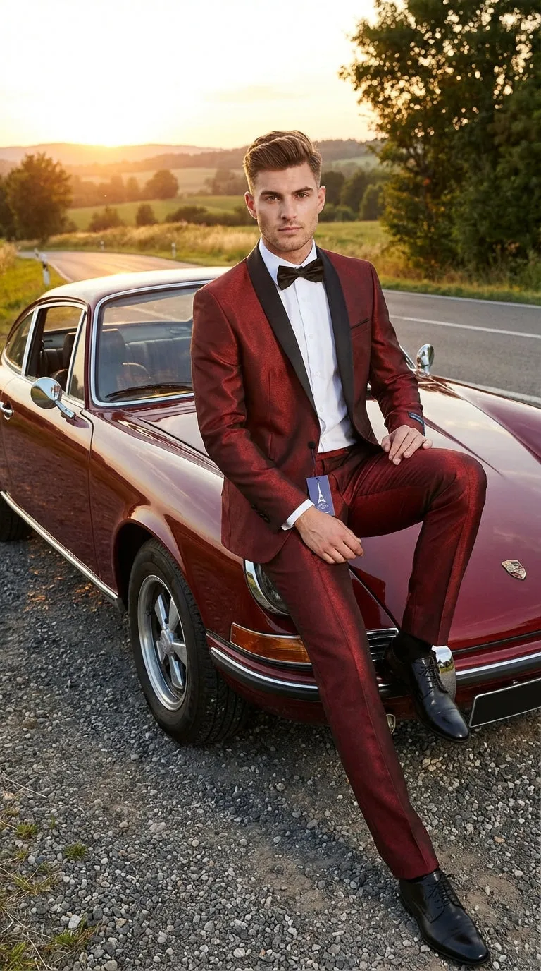 Men’s Shiny Burgundy Satin Tuxedo Jacket with Black Shawl Lapel | Formal Wedding & Prom Blazer - Sharkskin Fabric sold by Alberto Nardoni product image thumbnail 4