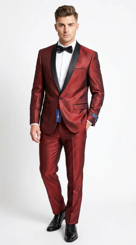 Men’s Shiny Burgundy Satin Tuxedo Jacket with Black Shawl Lapel | Formal Wedding & Prom Blazer - Sharkskin Fabric sold by Alberto Nardoni