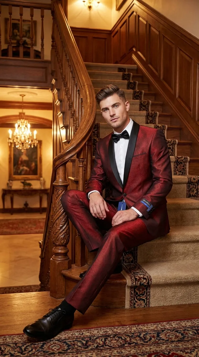 Men’s Shiny Burgundy Satin Tuxedo Jacket with Black Shawl Lapel | Formal Wedding & Prom Blazer - Sharkskin Fabric sold by Alberto Nardoni product image thumbnail 5