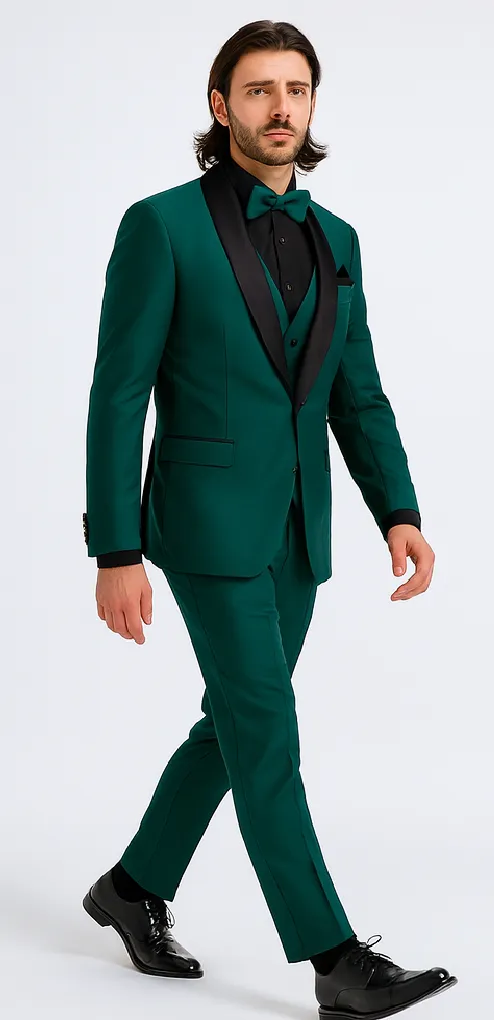 Mens Emerald Green Tuxedo with Black Satin Shawl Lapel 3 Piece Formal Suit with Vest sold by Alberto Nardoni product image thumbnail 4
