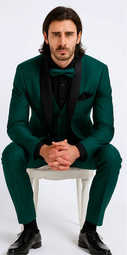 Mens Emerald Green Tuxedo with Black Satin Shawl Lapel 3 Piece Formal Suit with Vest sold by Alberto Nardoni product image thumbnail 3