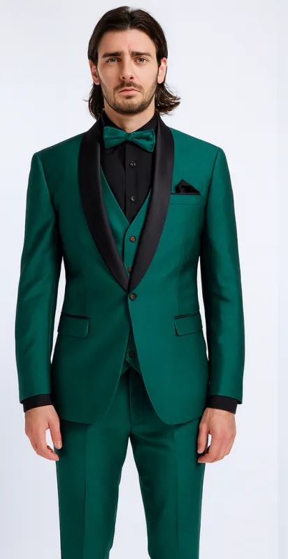 Mens Emerald Green Tuxedo with Black Satin Shawl Lapel 3 Piece Formal Suit with Vest made by Alberto Nardoni