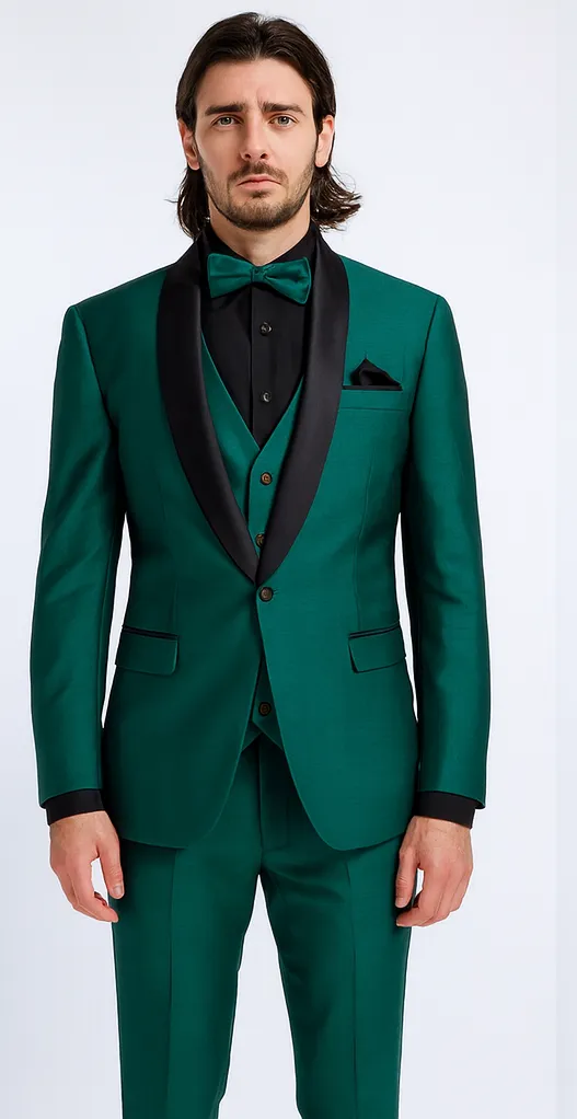Mens Emerald Green Tuxedo with Black Satin Shawl Lapel 3 Piece Formal Suit with Vest sold by Alberto Nardoni
