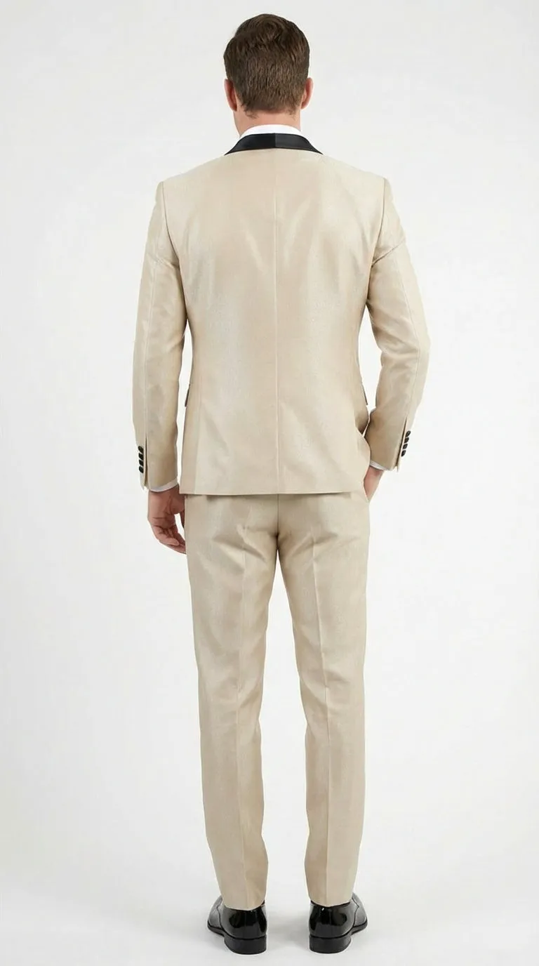 Men’s Champagne Beige Shiny Tuxedo 3 Piece Suit with Black Shawl Lapel | Formal Wedding Prom Suit Set in Sand Light Tan Color sold by Alberto Nardoni product image thumbnail 2