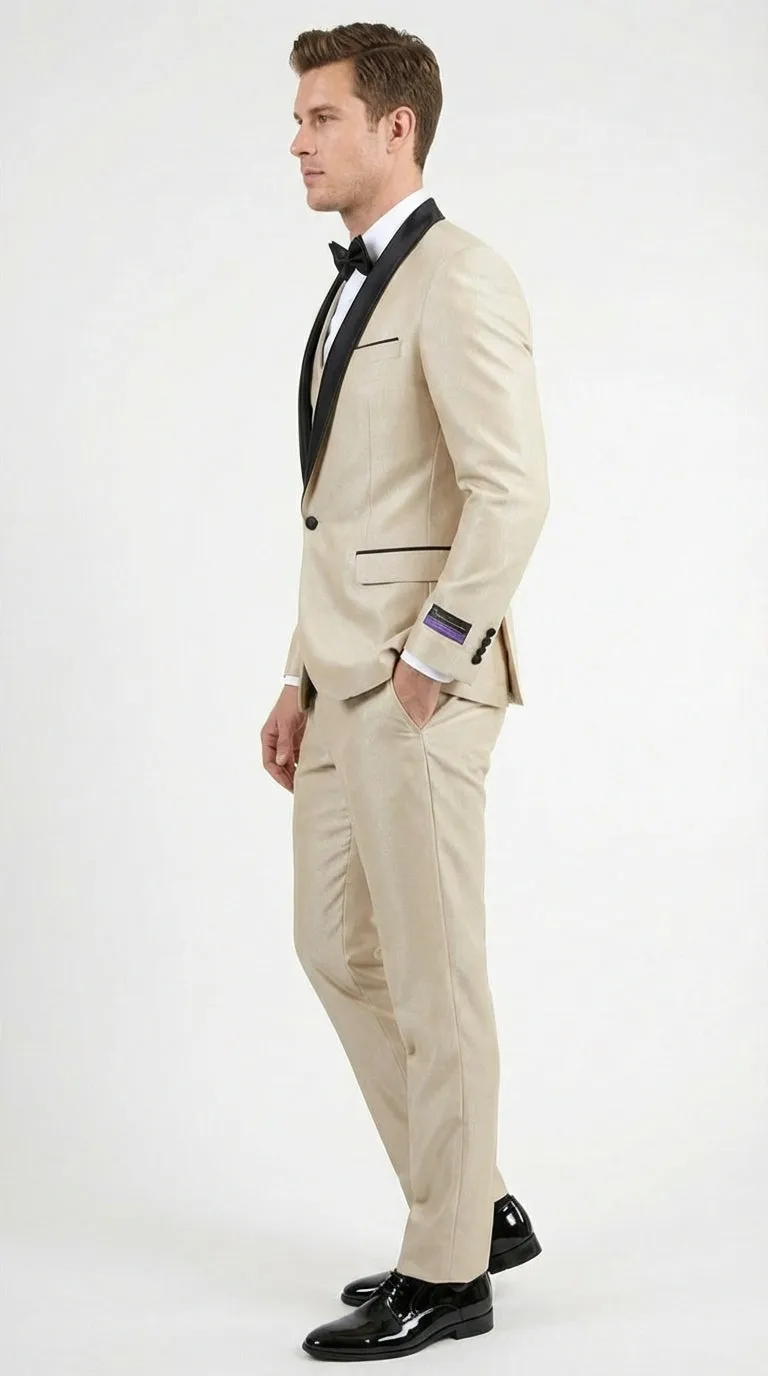 Men’s Champagne Beige Shiny Tuxedo 3 Piece Suit with Black Shawl Lapel | Formal Wedding Prom Suit Set in Sand Light Tan Color sold by Alberto Nardoni product image thumbnail 3