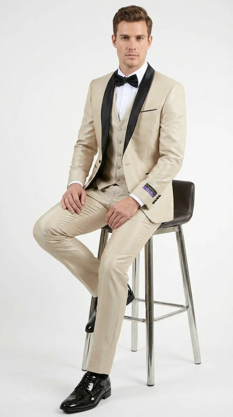 Men’s Champagne Beige Shiny Tuxedo 3 Piece Suit with Black Shawl Lapel | Formal Wedding Prom Suit Set in Sand Light Tan Color sold by Alberto Nardoni product image thumbnail 4