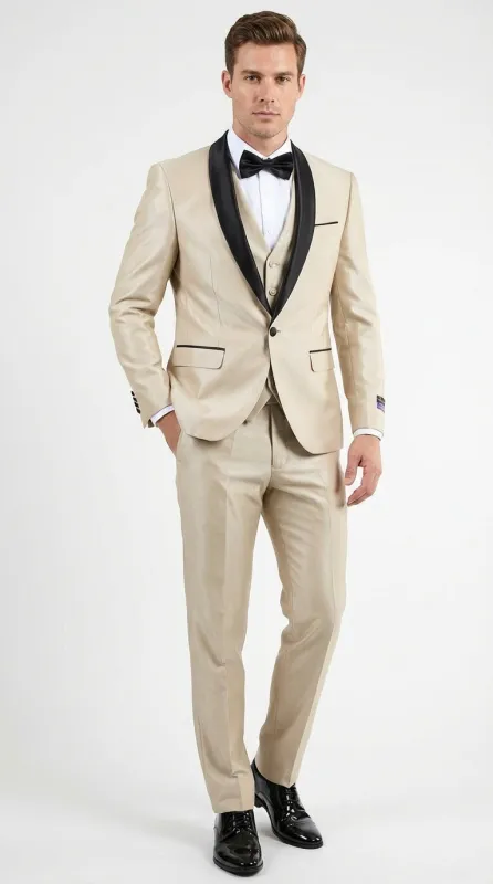 Men’s Champagne Beige Shiny Tuxedo 3 Piece Suit with Black Shawl Lapel | Formal Wedding Prom Suit Set in Sand Light Tan Color sold by Alberto Nardoni