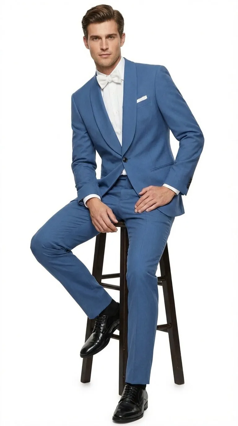 Men's Sky Blue Tuxedo Suit with Shawl Lapel, Formal Wedding and Prom Dinner Jacket Set - Steel Blue Color sold by Alberto Nardoni product image thumbnail 4