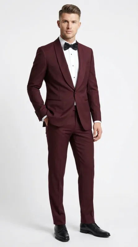 Men's Burgundy and Burgundy Shawl Lapel Tuxedo Suit | Classic Formal Wedding Prom Dinner Jacket Set sold by Alberto Nardoni