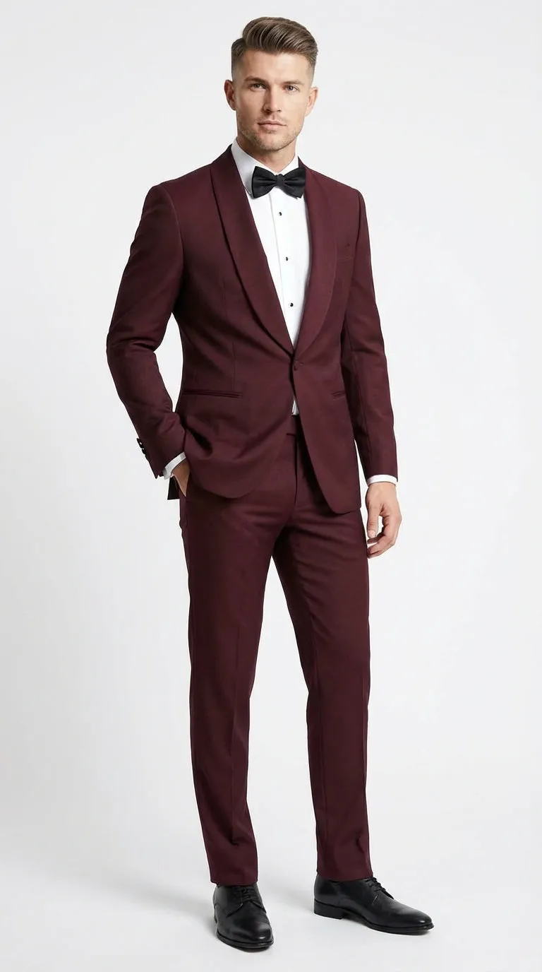 Men's Burgundy and Burgundy Shawl Lapel Tuxedo Suit | Classic Formal Wedding Prom Dinner Jacket Set sold by Alberto Nardoni