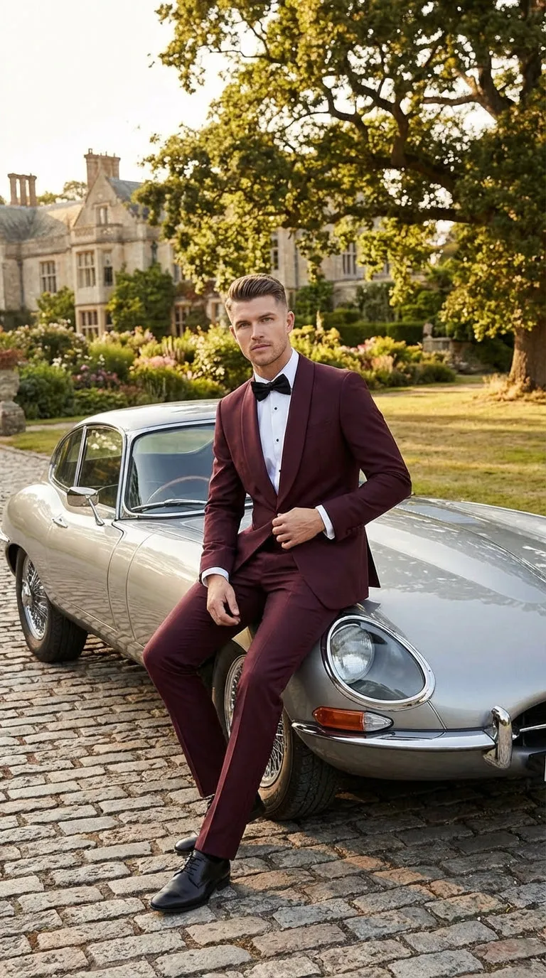 Men's Burgundy and Burgundy Shawl Lapel Tuxedo Suit | Classic Formal Wedding Prom Dinner Jacket Set sold by Alberto Nardoni product image thumbnail 2