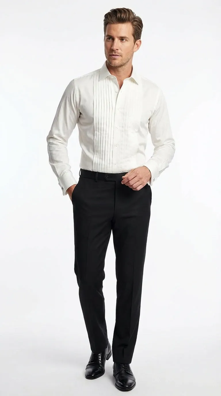 Men’s Ivory Cream Off White Pleated Tuxedo Dress Shirt | French Cuff Formal Wedding Shirt sold by Alberto Nardoni