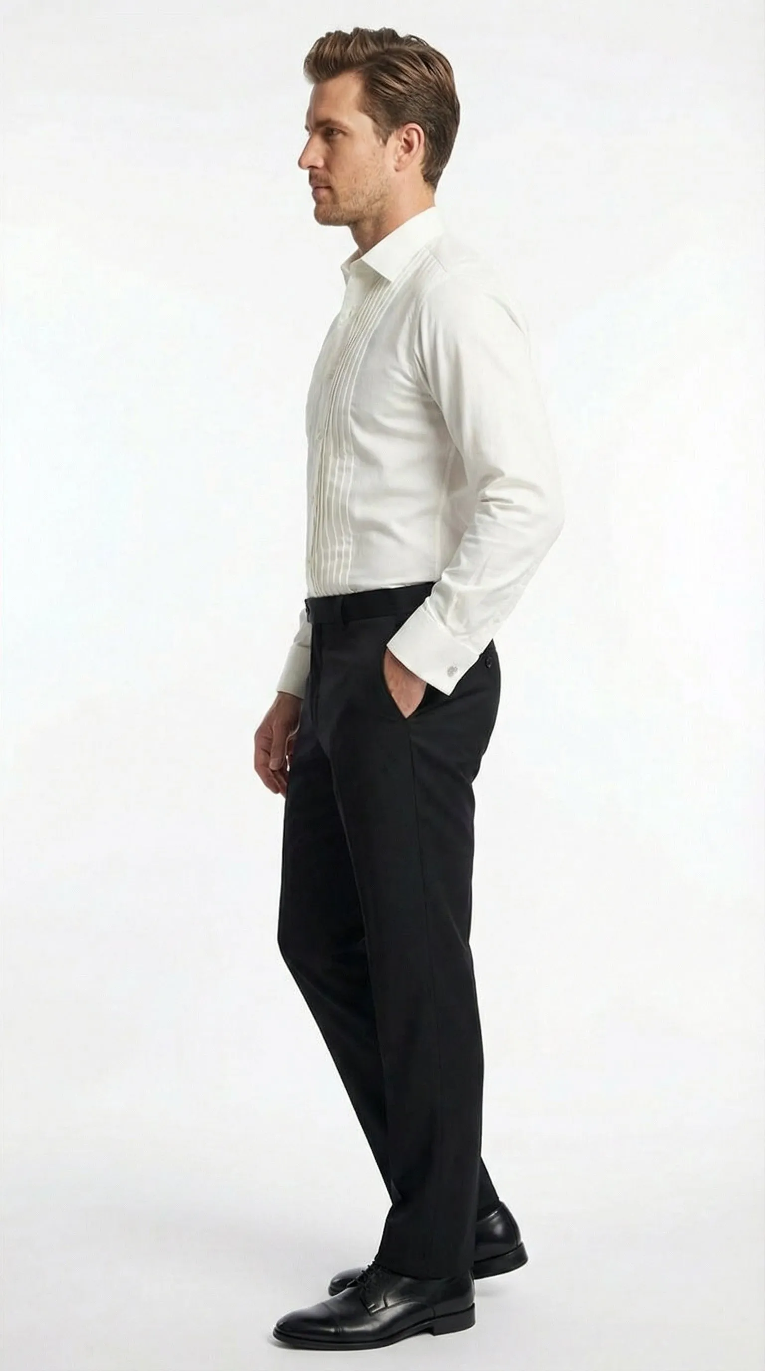 Men’s Ivory Cream Off White Pleated Tuxedo Dress Shirt | French Cuff Formal Wedding Shirt sold by Alberto Nardoni product image thumbnail 3